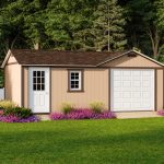 Garage and workshop combination shed with tan siding, brown trim, a brown asphalt roof, a white single entry door with glass, a white window, and a white garage door.