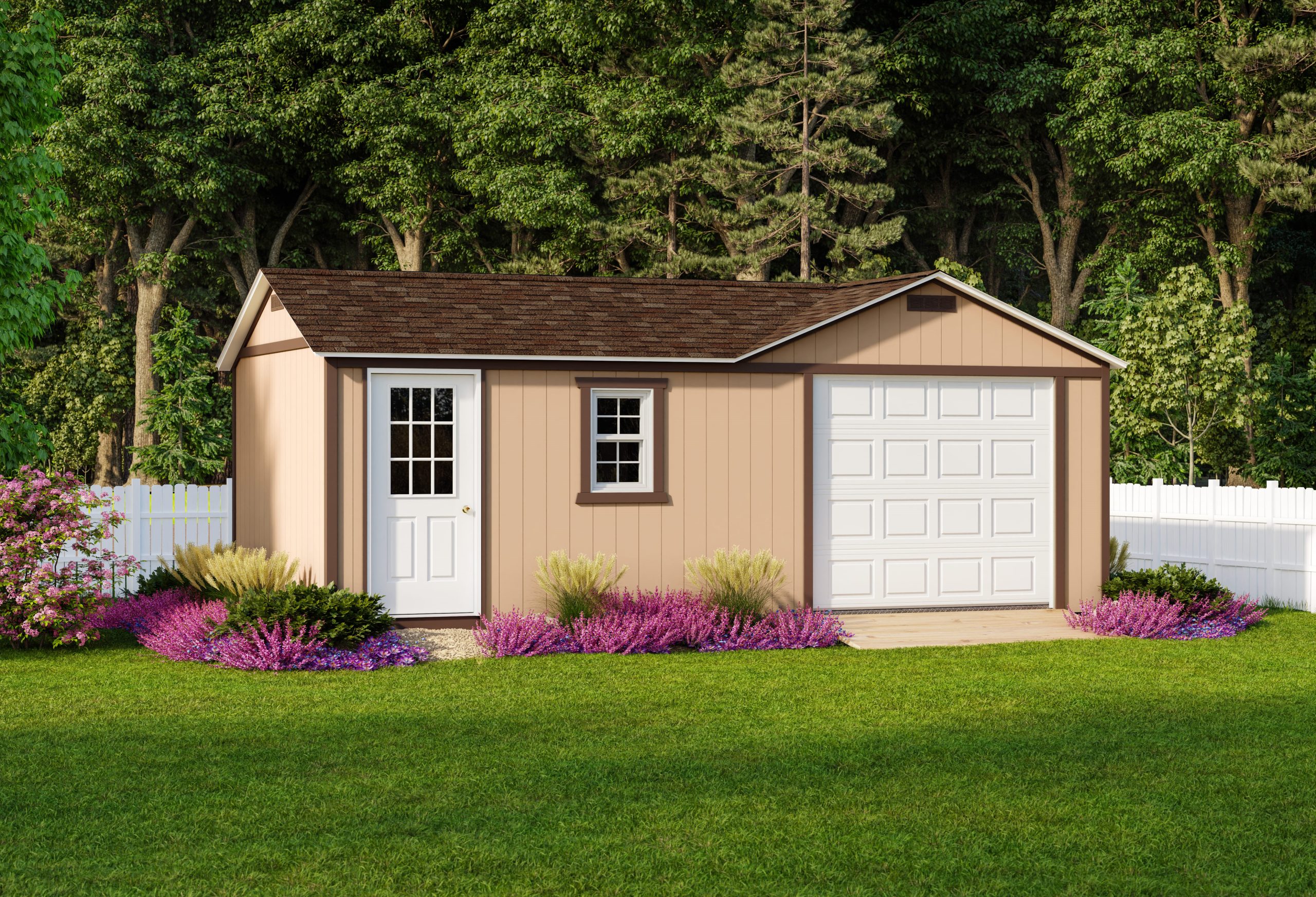 Garage and workshop combination shed with tan siding, brown trim, a brown asphalt roof, a white single entry door with glass, a white window, and a white garage door.