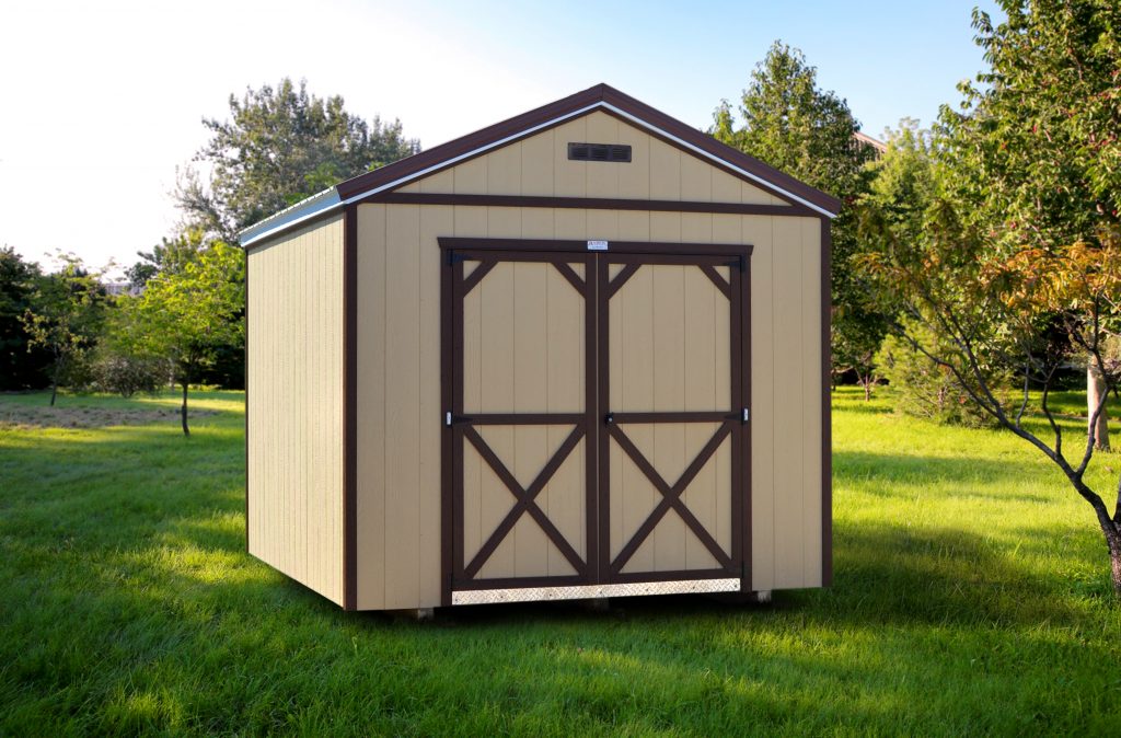 Utility Shed with tan siding, dark brown trim, double doors, and a dark brown vent.