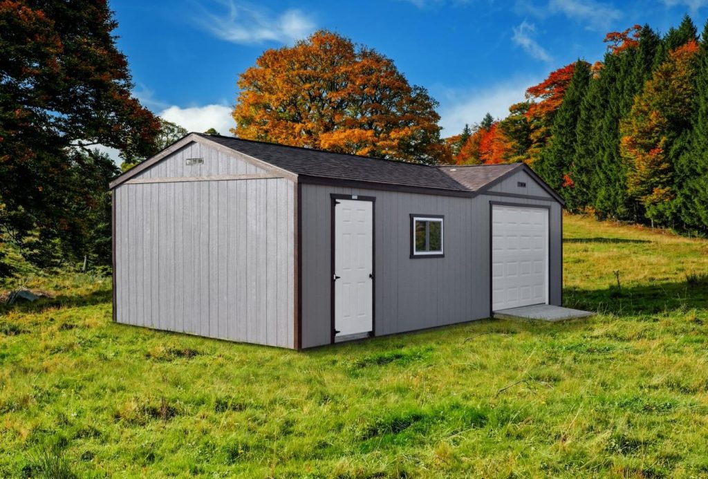 Garage and shed combination building with light gray siding, black trim, dark asphalt roofing, a white single entry door, a white window, and a white garage door with a ramp.