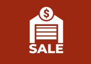 White shed icon with the word "Sale" underneath on a red background.