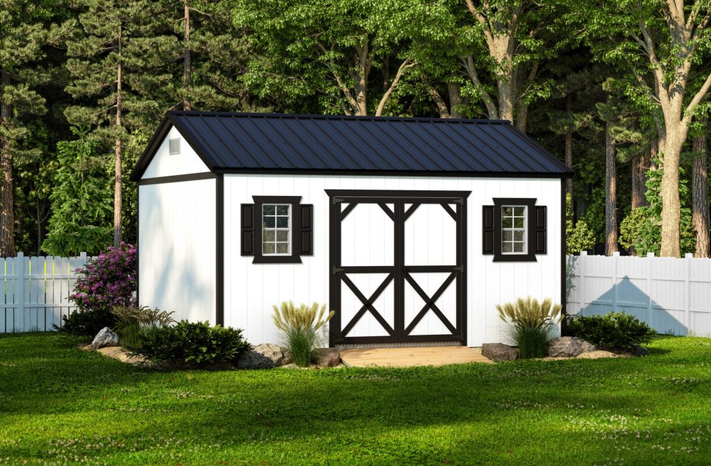 Garden shed with white siding, black trim, double doors, windows with black shutters, and a black metal roof.