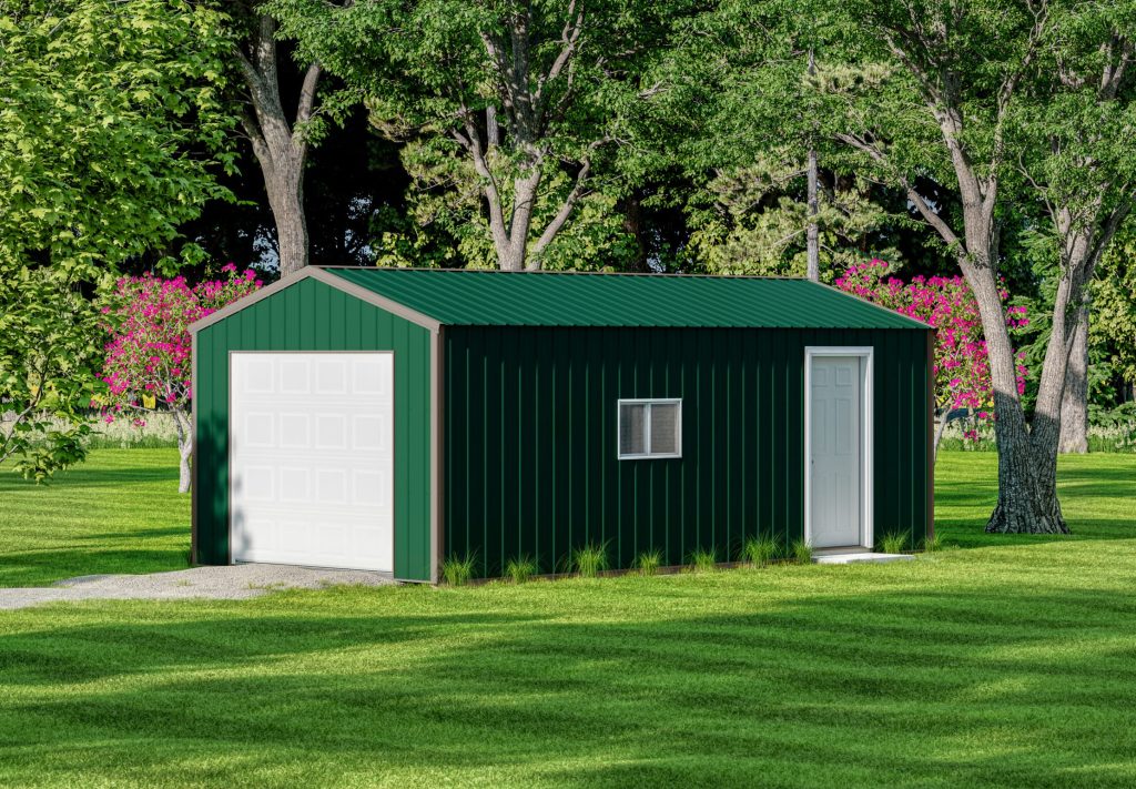 Single car garage with green metal siding, a white garage door, a white side door, white window, and green metal roofing.